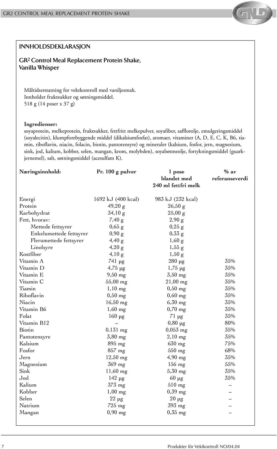 518 g (14 poser x 37 g) Ingredienser: soyaprotein, melkeprotein, fruktsukker, fettfritt melkepulver, soyafiber, safflorolje, emulgeringsmiddel (soyalecitin), klumpforebyggende middel