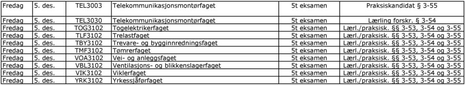 /praksisk. 3-53, 3-54 og 3-55 Fredag 5. des. VOA3102 Vei- og anleggsfaget 5t eksamen Lærl./praksisk. 3-53, 3-54 og 3-55 Fredag 5. des. VBL3102 Ventilasjons- og blikkenslagerfaget 5t eksamen Lærl.