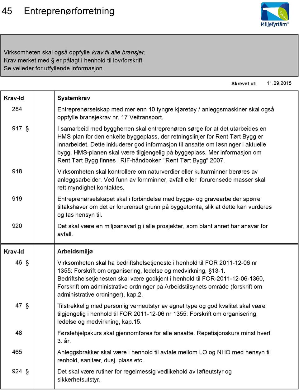 917 I samarbeid med byggherren skal entreprenøren sørge for at det utarbeides en HMS-plan for den enkelte byggeplass, der retningslinjer for Rent Tørt Bygg er innarbeidet.