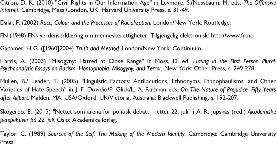 ([1960]2004) Truth and Method. London/New York: Continuum. Harris, A. (2003) "Misogyny: Hatred at Close Range" in Moss, D. ed. Hating in the First Person Plural.