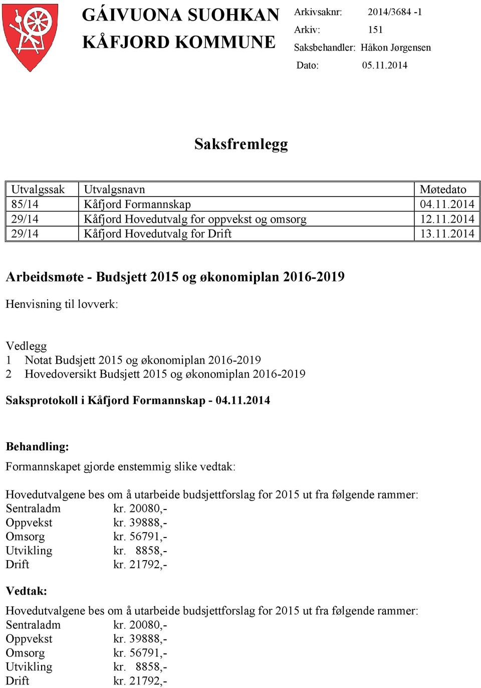 Budsjett 215 og økonomiplan 216-219 Saksprotokoll i Kåfjord Formannskap - 4.11.