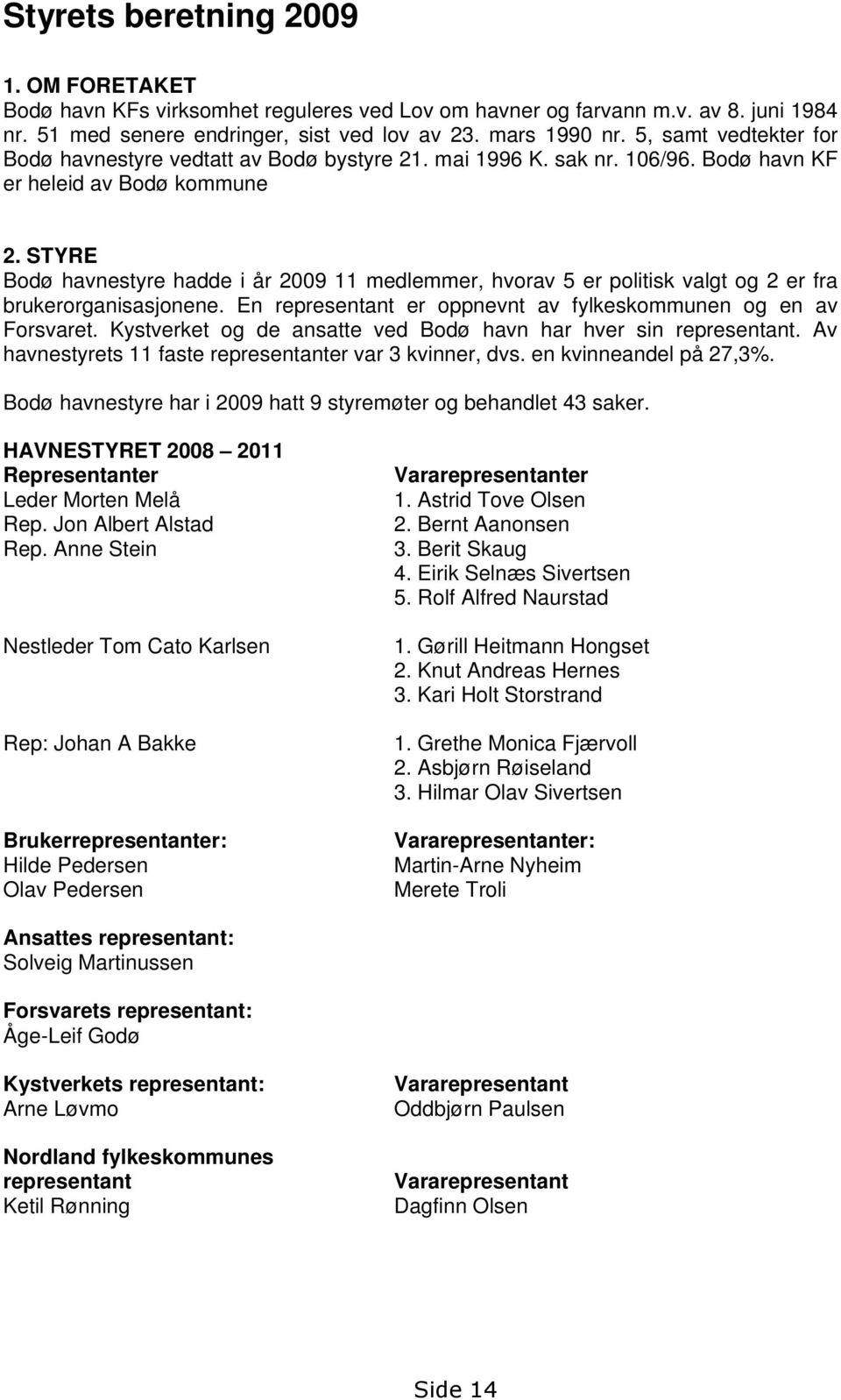 STYRE Bodø havnestyre hadde i år 2009 11 medlemmer, hvorav 5 er politisk valgt og 2 er fra brukerorganisasjonene. En representant er oppnevnt av fylkeskommunen og en av Forsvaret.