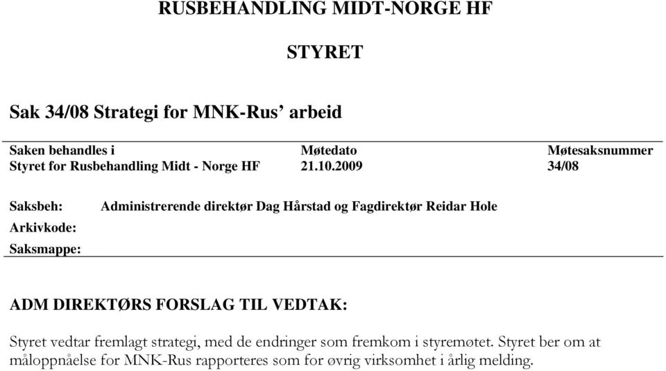 2009 34/08 Saksbeh: Arkivkode: Saksmappe: Administrerende direktør Dag Hårstad og Fagdirektør Reidar Hole ADM