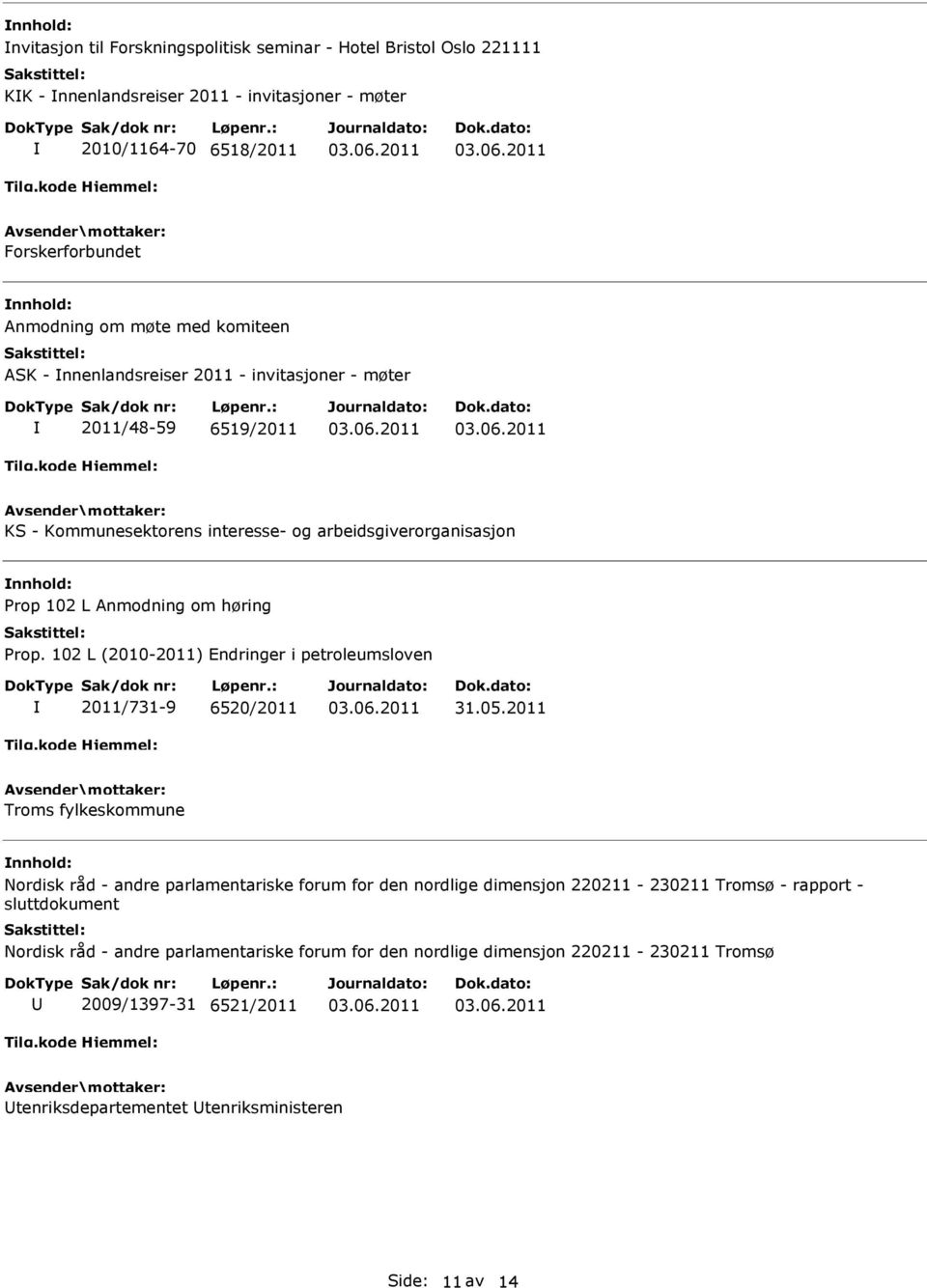 102 L (2010-2011) Endringer i petroleumsloven 2011/731-9 6520/2011 Troms fylkeskommune Nordisk råd - andre parlamentariske forum for den nordlige dimensjon 220211-230211 Tromsø -