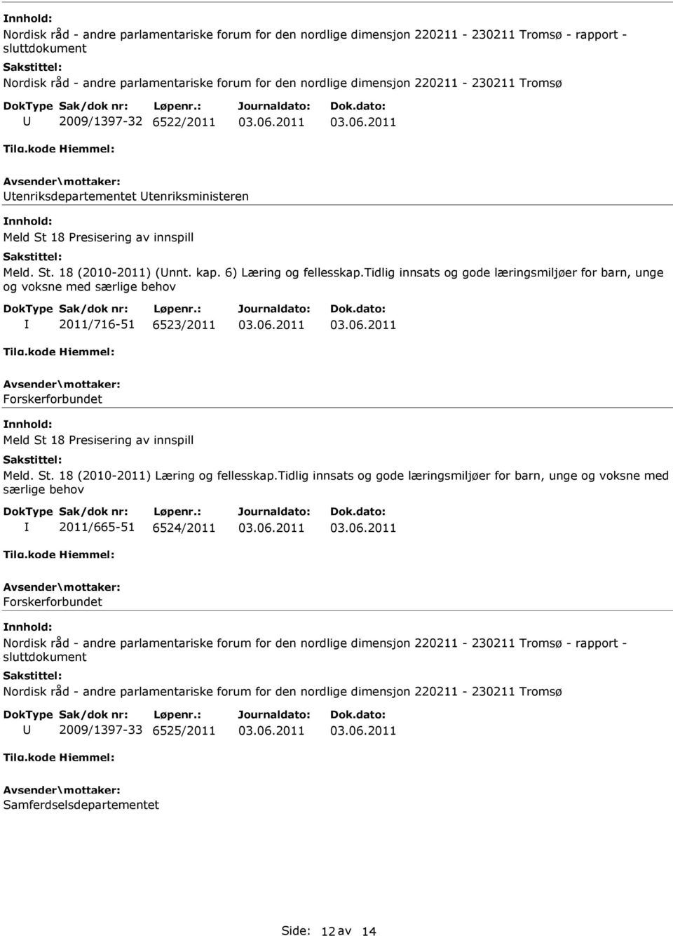 tidlig innsats og gode læringsmiljøer for barn, unge og voksne med særlige behov 2011/716-51 6523/2011 Forskerforbundet Meld St 18 Presisering av innspill Meld. St. 18 (2010-2011) Læring og fellesskap.