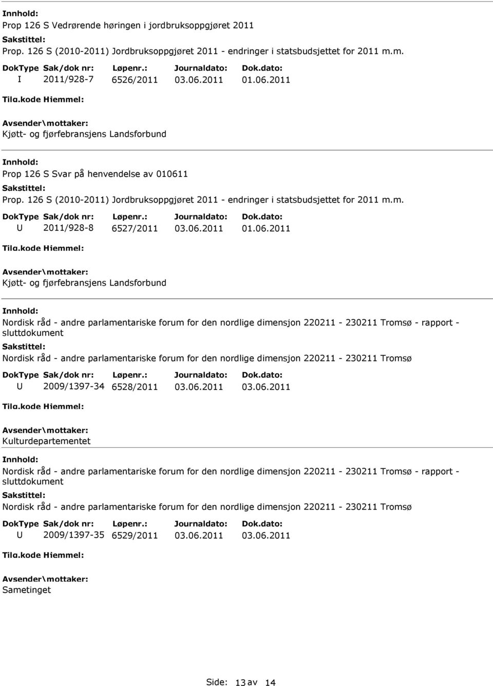 2011/928-8 6527/2011 Kjøtt- og fjørfebransjens Landsforbund Nordisk råd - andre parlamentariske forum for den nordlige dimensjon 220211-230211 Tromsø - rapport - sluttdokument Nordisk råd - andre