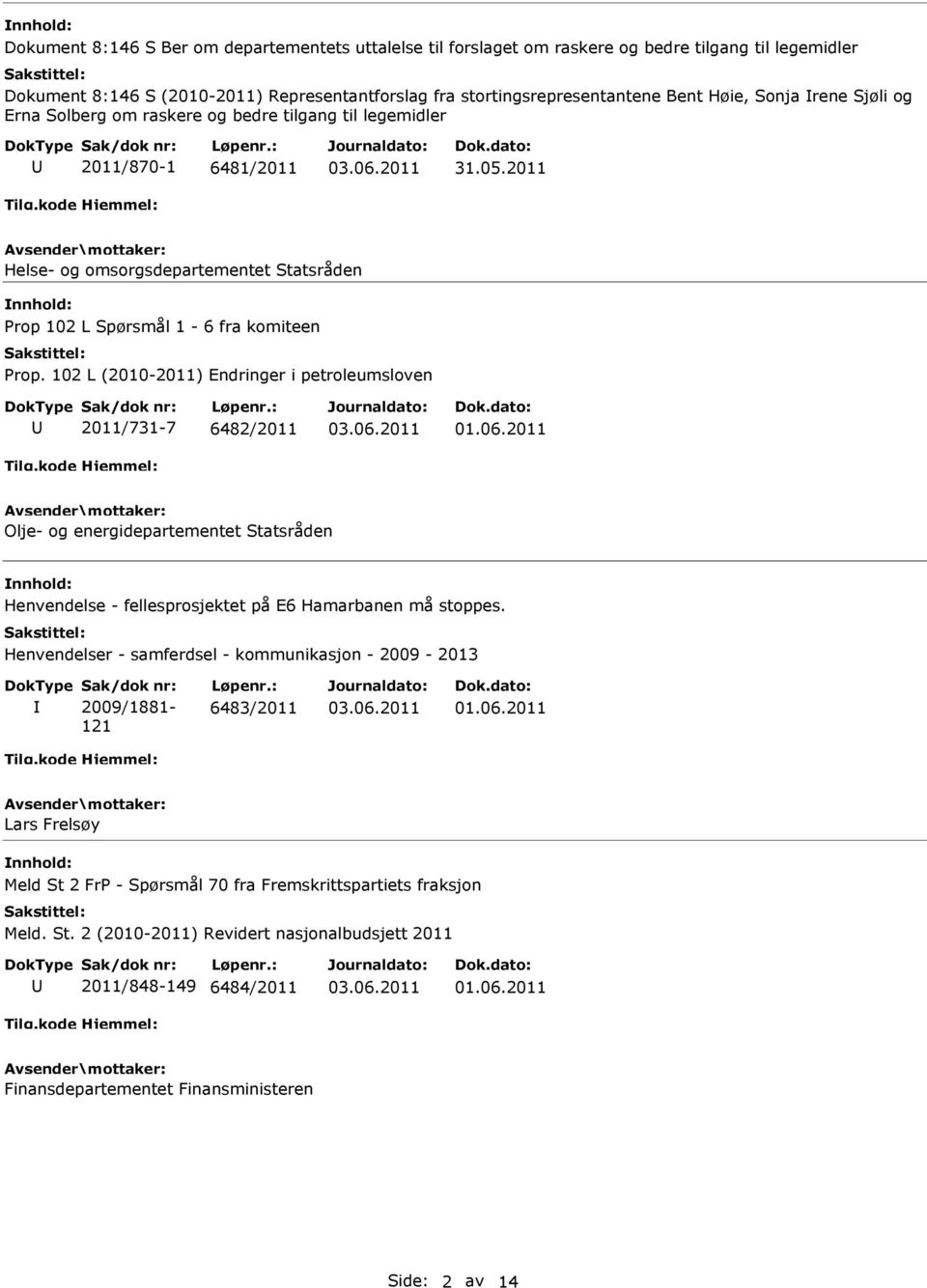 102 L (2010-2011) Endringer i petroleumsloven 2011/731-7 6482/2011 Olje- og energidepartementet Statsråden Henvendelse - fellesprosjektet på E6 Hamarbanen må stoppes.