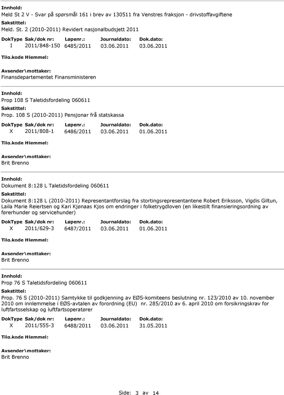 Eriksson, Vigdis Giltun, Laila Marie Reiertsen og Kari Kjønaas Kjos om endringer i folketrygdloven (en likestilt finansieringsordning av førerhunder og servicehunder) 2011/629-3 6487/2011 Prop 76 S