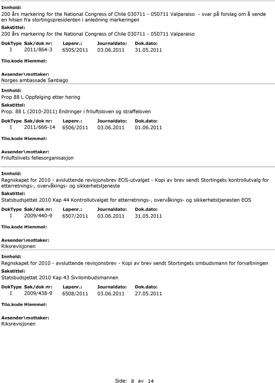 88 L (2010-2011) Endringer i friluftsloven og straffeloven 2011/666-14 6506/2011 Friluftslivets fellesorganisasjon Regnskapet for 2010 - avsluttende revisjonsbrev EOS-utvalget - Kopi av brev sendt