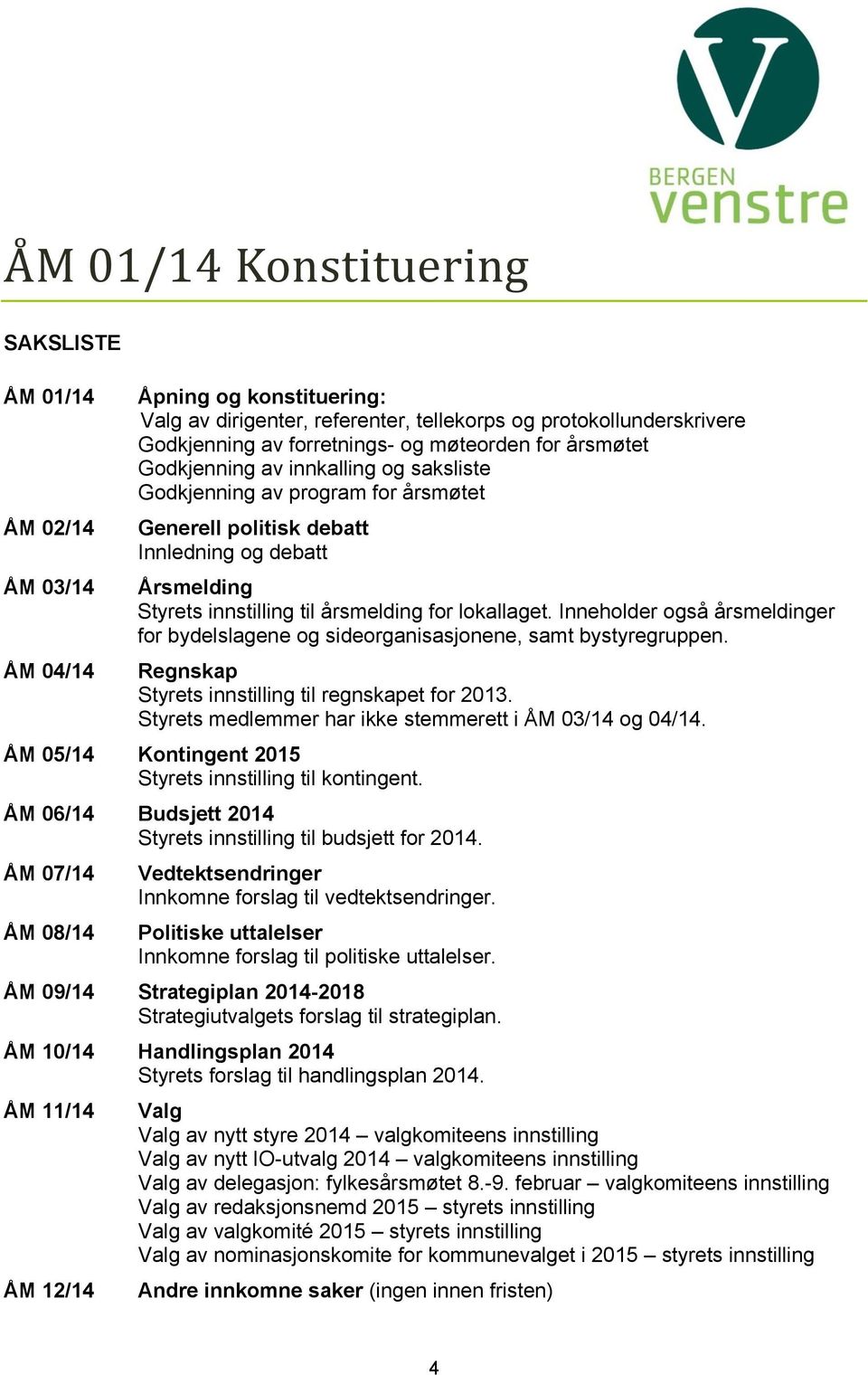 lokallaget. Inneholder også årsmeldinger for bydelslagene og sideorganisasjonene, samt bystyregruppen. Regnskap Styrets innstilling til regnskapet for 2013.