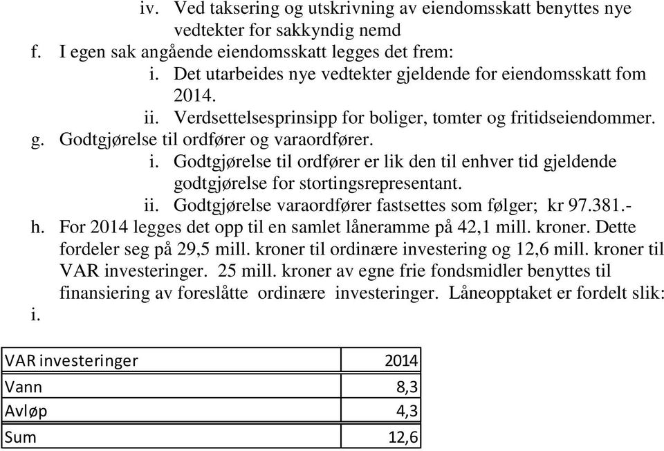 ii. Godtgjørelse varaordfører fastsettes som følger; kr 97.381.- h. For 2014 legges det opp til en samlet låneramme på 42,1 mill. kroner. Dette fordeler seg på 29,5 mill.