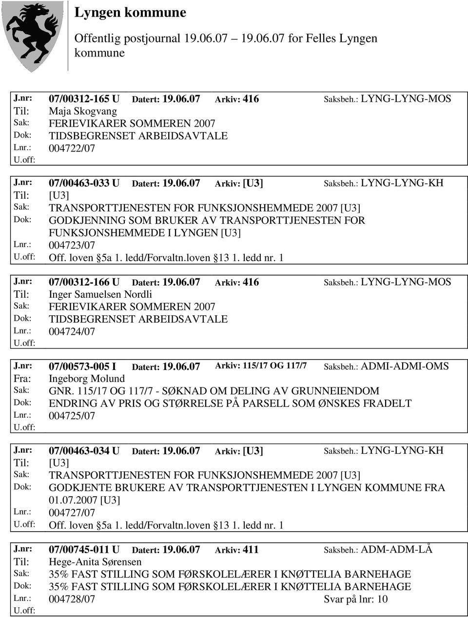 ledd/forvaltn.loven 13 1. ledd nr. 1 J.nr: 07/00312-166 U Datert: 19.06.07 Arkiv: 416 Saksbeh.: LYNG-LYNG-MOS Til: Inger Samuelsen Nordli Lnr.: 004724/07 J.nr: 07/00573-005 I Datert: 19.06.07 Arkiv: 115/17 OG 117/7 Saksbeh.