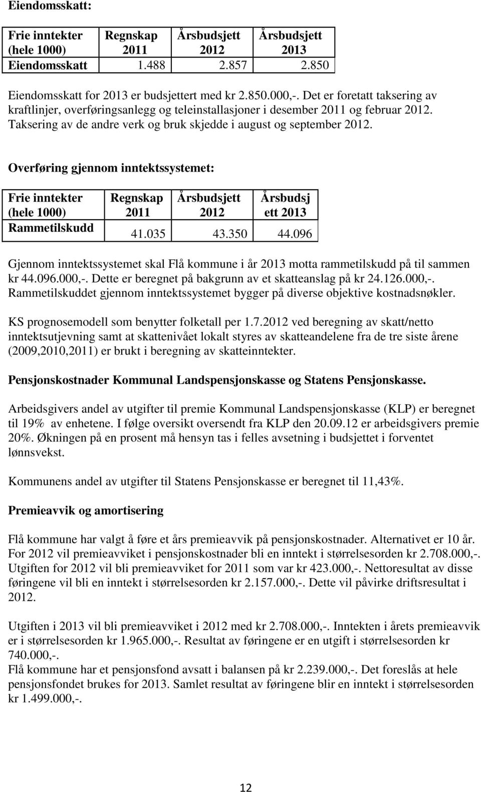 Overføring gjennom inntektssystemet: Frie inntekter (hele 1000) Rammetilskudd Regnskap 2011 Årsbudsjett 2012 Årsbudsj ett 2013 41.035 43.350 44.