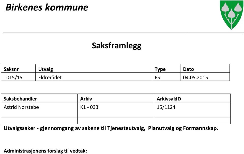 2015 Saksbehandler Arkiv ArkivsakID Astrid Nørstebø K1-033 15/1124