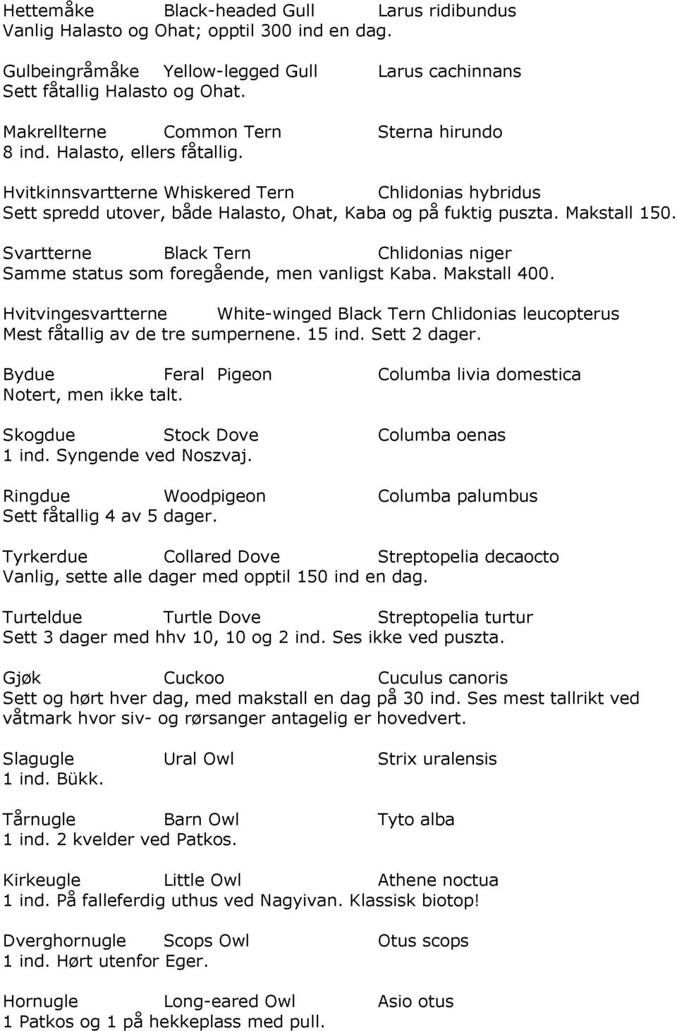 Makstall 150. Svartterne Black Tern Chlidonias niger Samme status som foregående, men vanligst Kaba. Makstall 400.