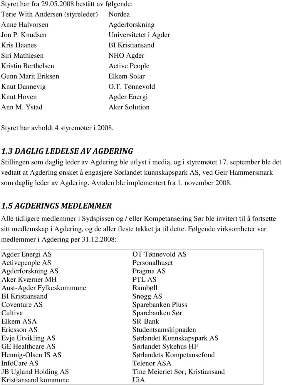 Tønnevold Knut Hoven Agder Energi Ann M. Ystad Aker Solution Styret har avholdt 4 styremøter i 2008. 1.