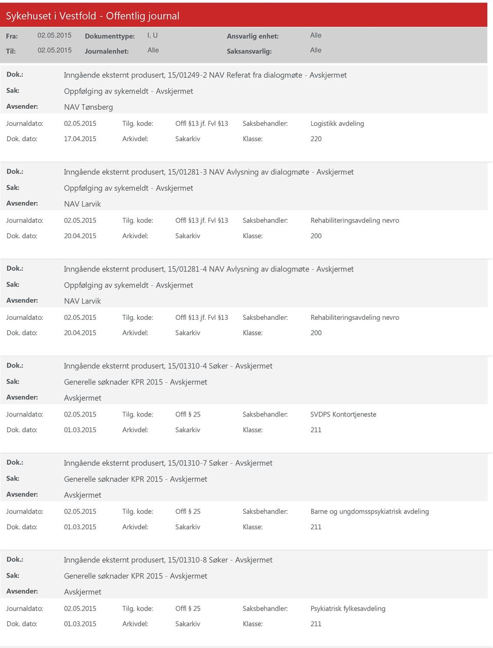 2015 Arkivdel: Sakarkiv 200 Inngående eksternt produsert, 15/01281-4 NAV Avlysning av dialogmøte - Rehabiliteringsavdeling nevro Dok. dato: 20.04.