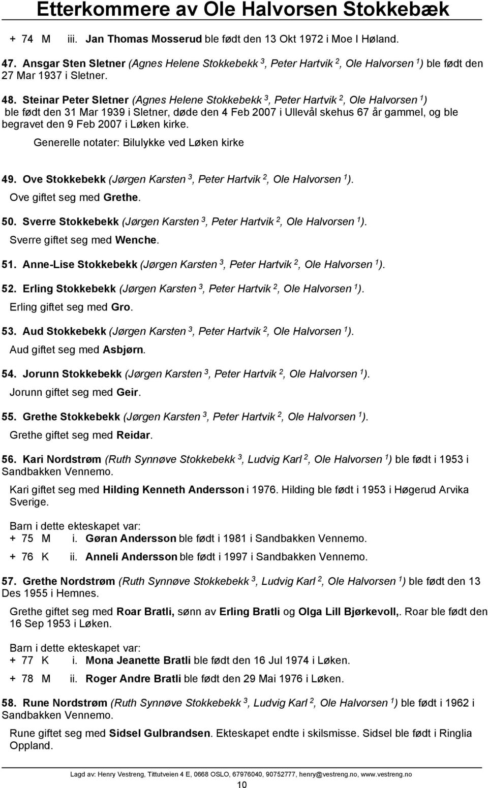 2007 i Løken kirke. Generelle notater: Bilulykke ved Løken kirke 49. Ove Stokkebekk (Jørgen Karsten 3, Peter Hartvik 2, Ole Halvorsen 1 ). Ove giftet seg med Grethe. 50.