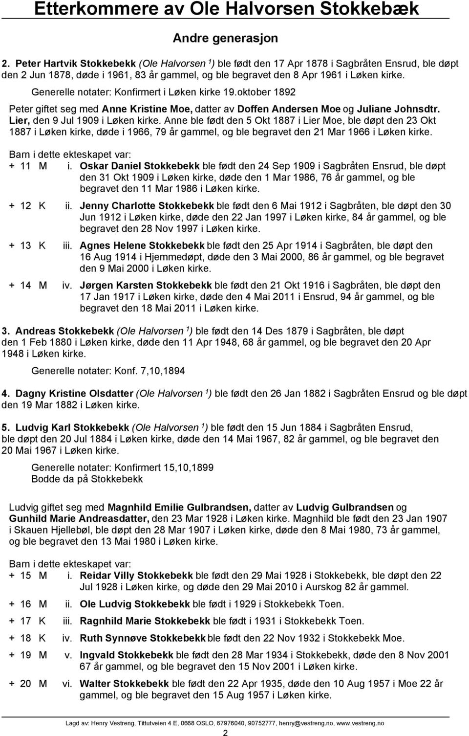 Generelle notater: Konfirmert i Løken kirke 19.oktober 1892 Peter giftet seg med Anne Kristine Moe, datter av Doffen Andersen Moe og Juliane Johnsdtr. Lier, den 9 Jul 1909 i Løken kirke.