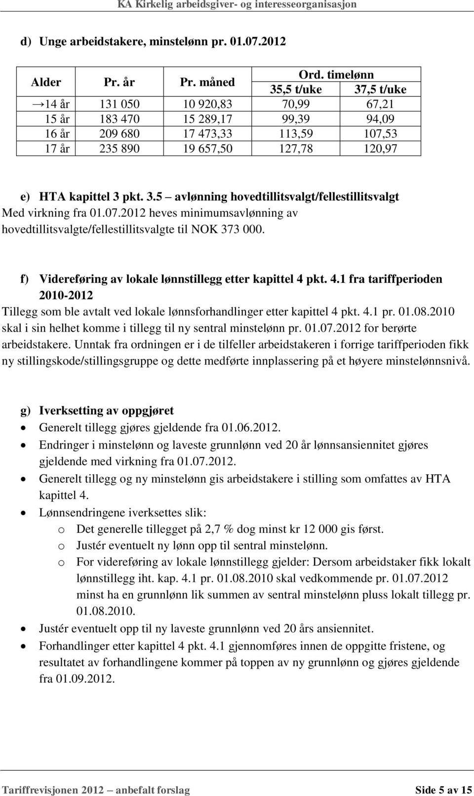 pkt. 3.5 avlønning hovedtillitsvalgt/fellestillitsvalgt Med virkning fra 01.07.2012 heves minimumsavlønning av hovedtillitsvalgte/fellestillitsvalgte til NOK 373 000.