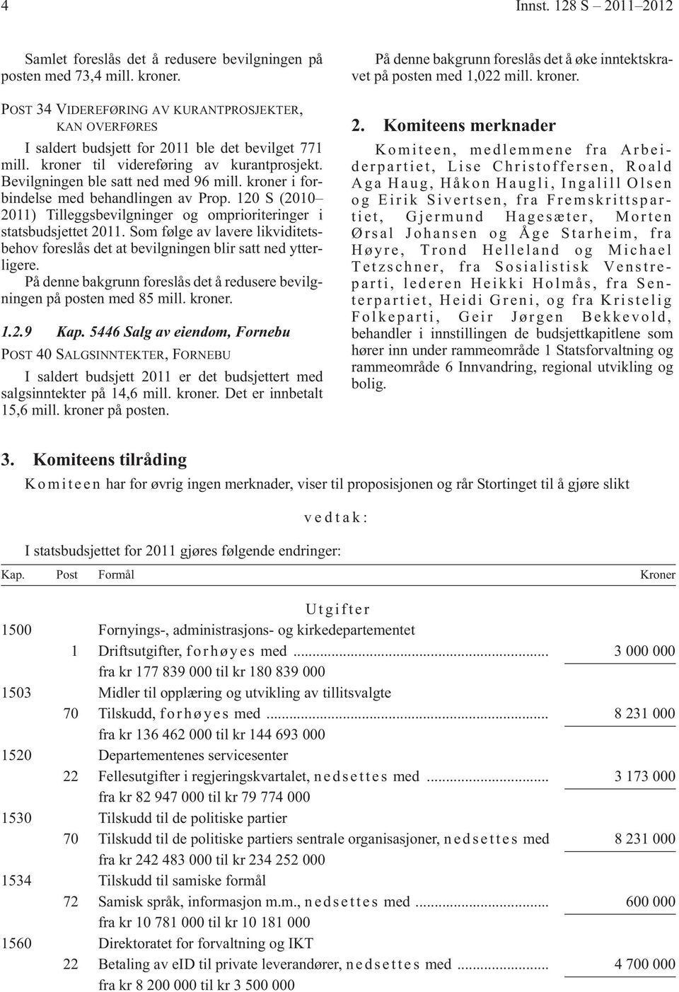 kroner i forbindelse med behandlingen av Prop. 120 S (2010 2011) Tilleggsbevilgninger og omprioriteringer i statsbudsjettet 2011.