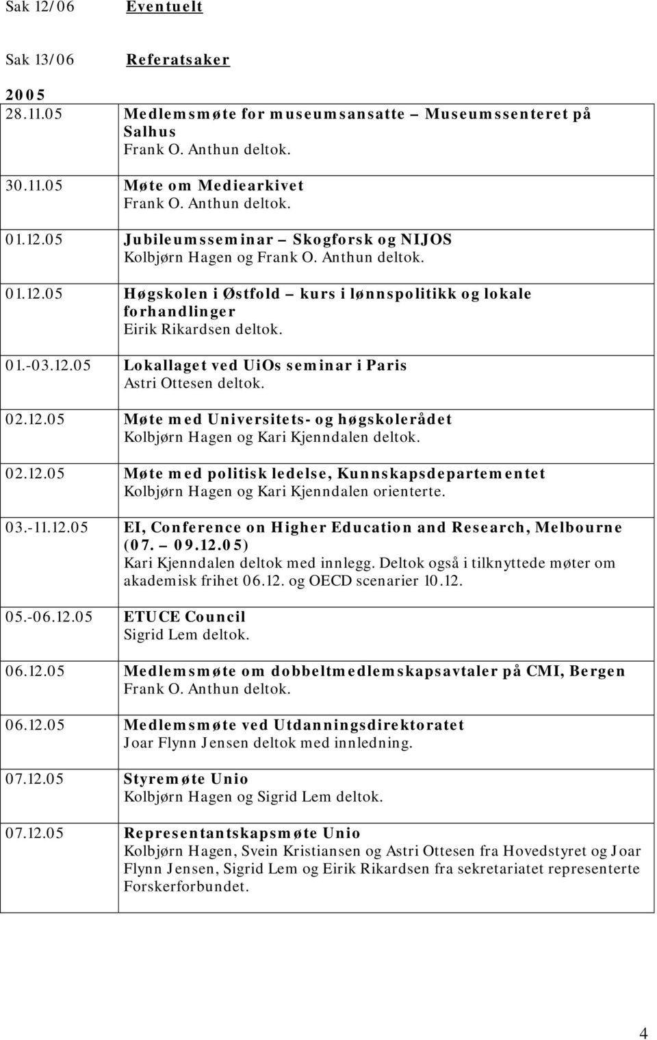 12.05 Møte med politisk ledelse, Kunnskapsdepartementet Kolbjørn Hagen og Kari Kjenndalen orienterte. 03.-11.12.05 EI, Conference on Higher Education and Research, Melbourne (07. 09.12.05) Kari Kjenndalen deltok med innlegg.