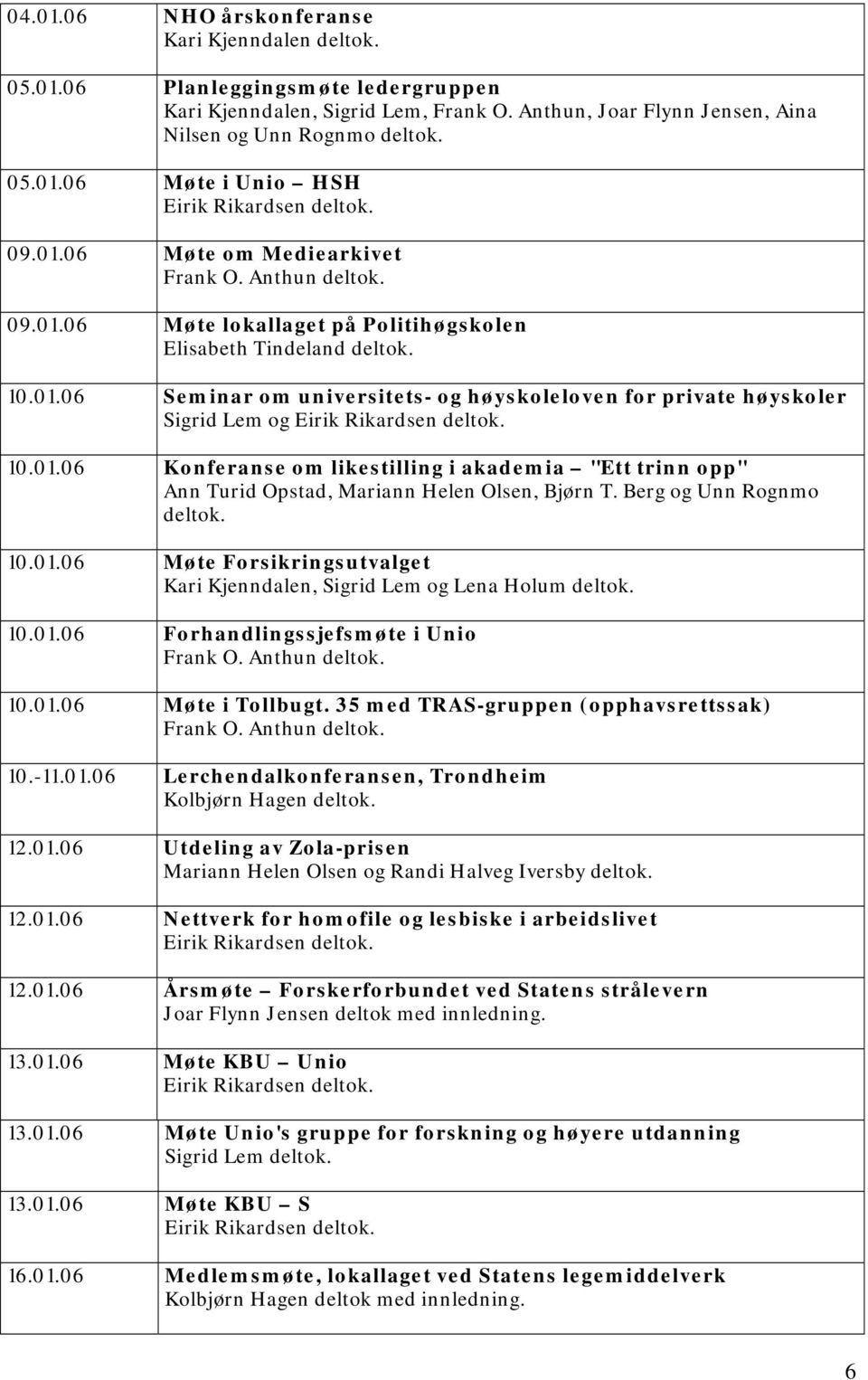 Berg og Unn Rognmo deltok. 10.01.06 Møte Forsikringsutvalget Kari Kjenndalen, Sigrid Lem og Lena Holum deltok. 10.01.06 Forhandlingssjefsmøte i Unio 10.01.06 Møte i Tollbugt.