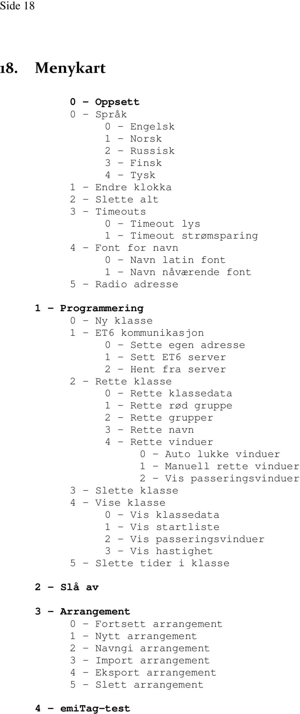 latin font 1 - Navn nåværende font 5 - Radio adresse 1 - Programmering 0 - Ny klasse 1 - ET6 kommunikasjon 0 - Sette egen adresse 1 - Sett ET6 server 2 - Hent fra server 2 - Rette klasse 0 - Rette