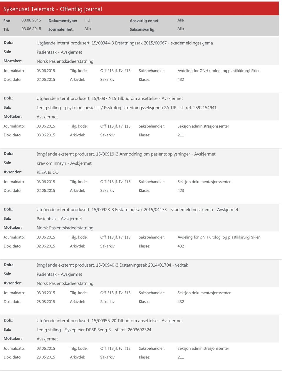 dato: Arkivdel: Sakarkiv Inngående eksternt produsert, 15/00919-3 Anmodning om pasientopplysninger - Krav om innsyn - RIISA & CO Utgående internt produsert, 15/00923-3