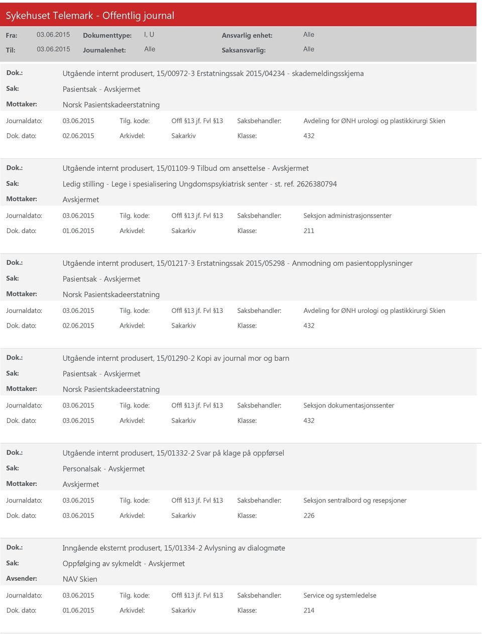 2626380794 Utgående internt produsert, 15/01217-3 Erstatningssak 2015/05298 - Anmodning om pasientopplysninger Utgående internt produsert, 15/01290-2 Kopi av journal mor og