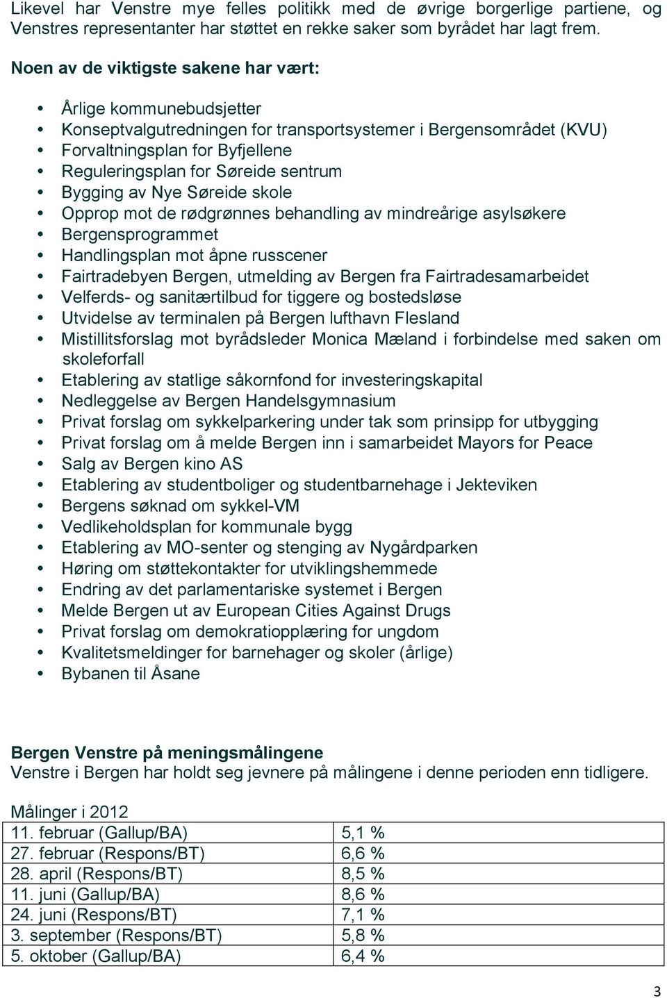 Bygging av Nye Søreide skole Opprop mot de rødgrønnes behandling av mindreårige asylsøkere Bergensprogrammet Handlingsplan mot åpne russcener Fairtradebyen Bergen, utmelding av Bergen fra