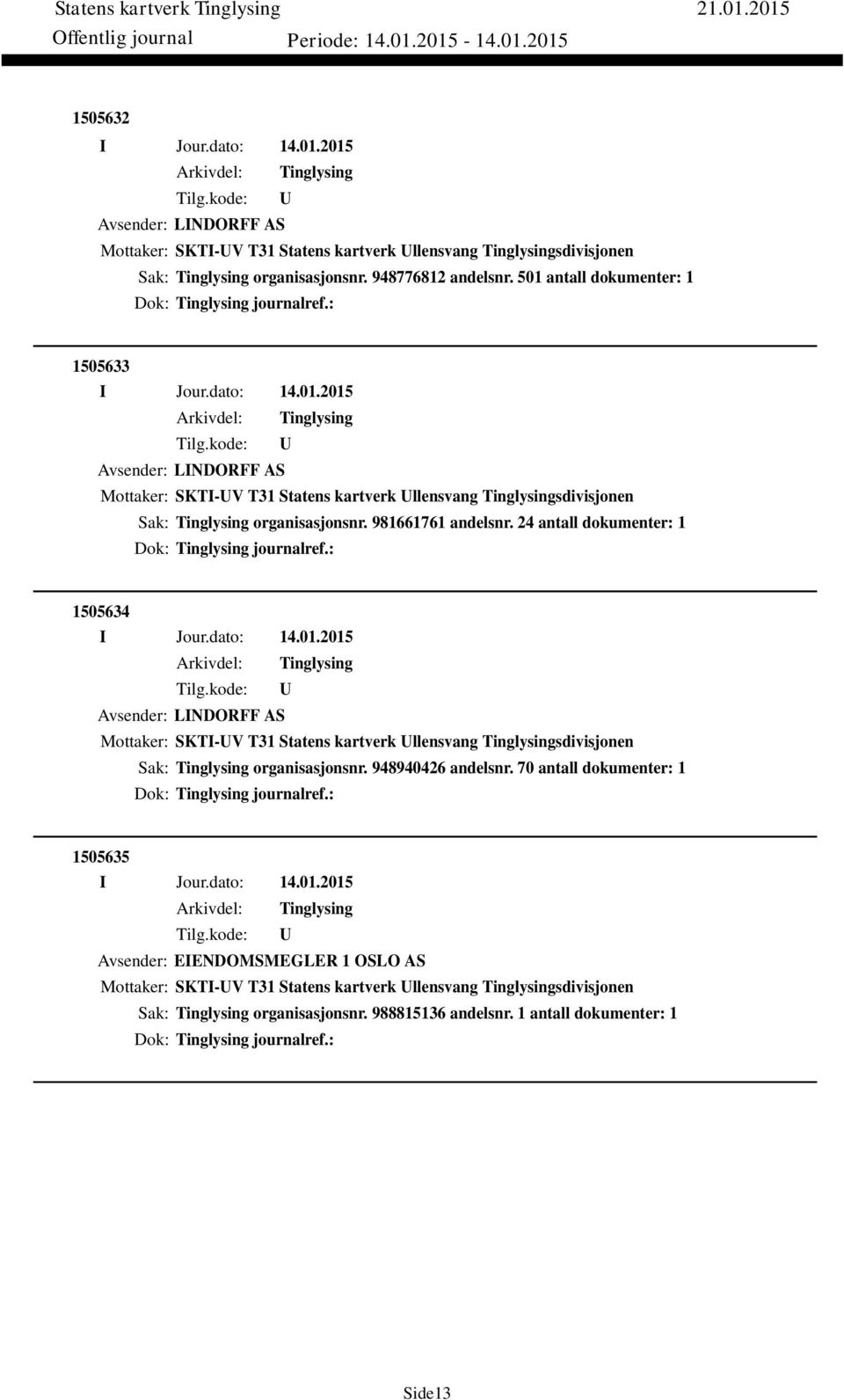 24 antall dokumenter: 1 Dok: journalref.: 1505634 Avsender: LINDORFF AS Mottaker: SKTI-V T31 Statens kartverk llensvang sdivisjonen Sak: organisasjonsnr. 948940426 andelsnr.