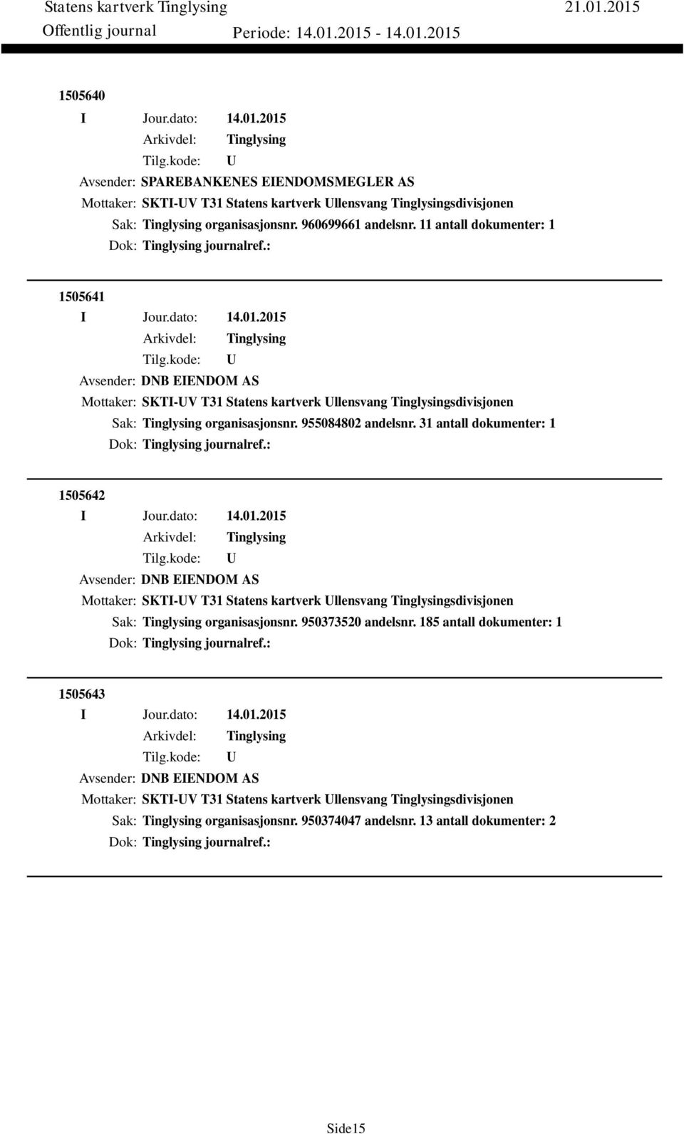 31 antall dokumenter: 1 Dok: journalref.: 1505642 Avsender: DNB EIENDOM AS Mottaker: SKTI-V T31 Statens kartverk llensvang sdivisjonen Sak: organisasjonsnr. 950373520 andelsnr.