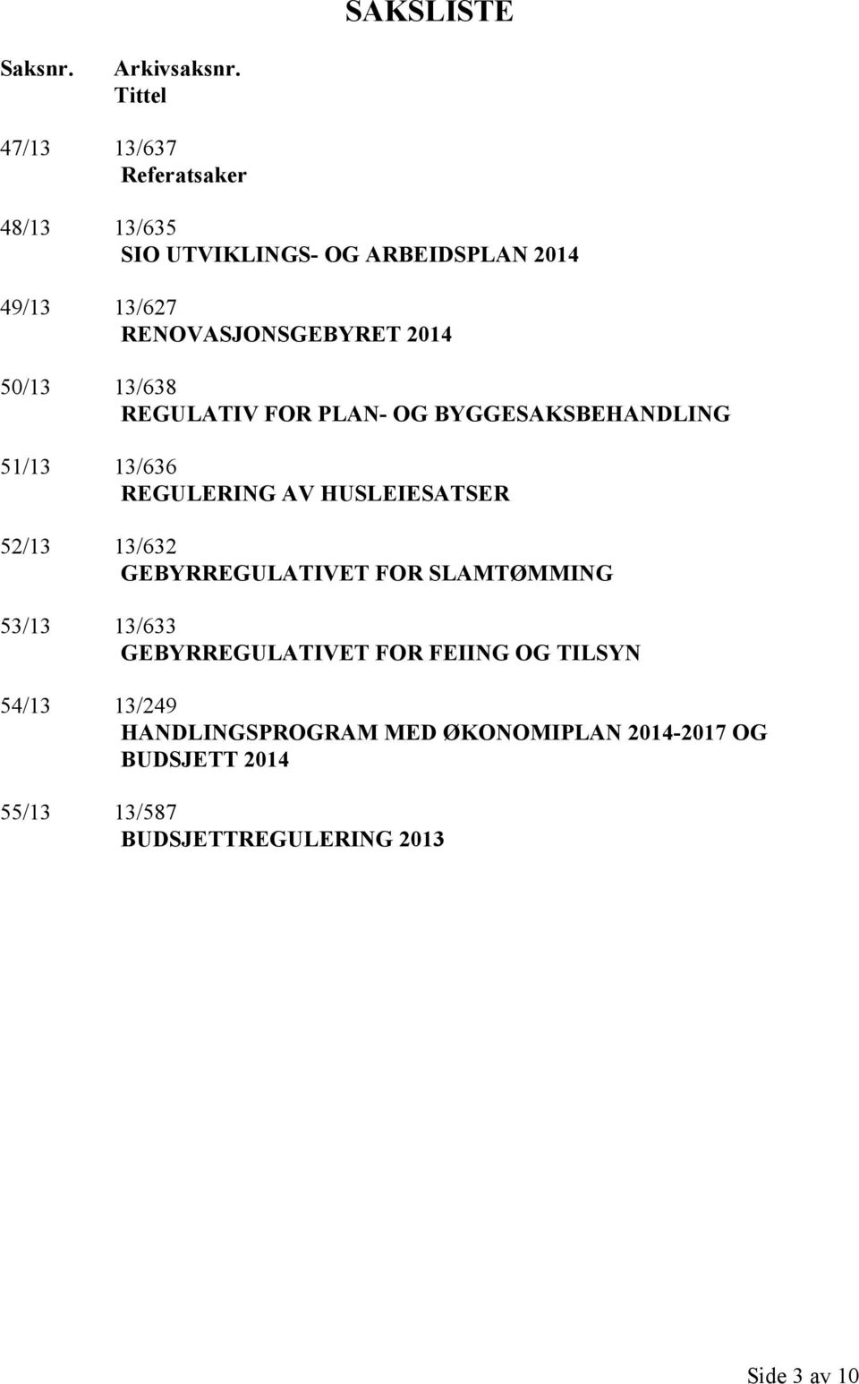 2014 50/13 13/638 REGULATIV FOR PLAN- OG BYGGESAKSBEHANDLING 51/13 13/636 REGULERING AV HUSLEIESATSER 52/13 13/632