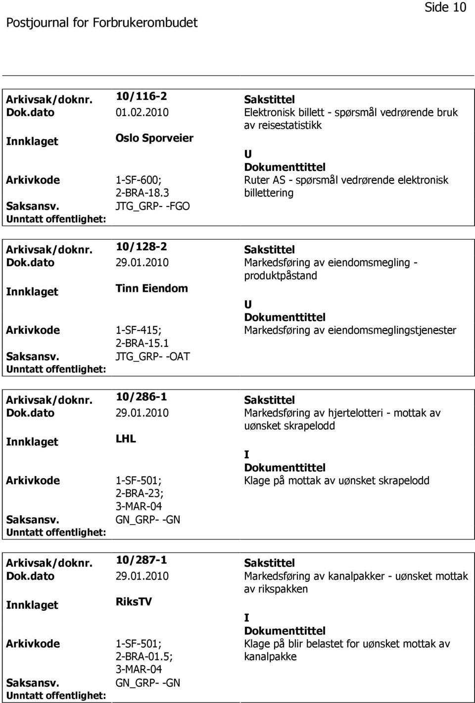 2010 Markedsføring av eiendomsmegling - produktpåstand nnklaget Tinn Eiendom 1-SF-415; 2-BRA-15.1 Markedsføring av eiendomsmeglingstjenester JTG_GRP- -OAT Arkivsak/doknr. 10/286-1 Sakstittel Dok.