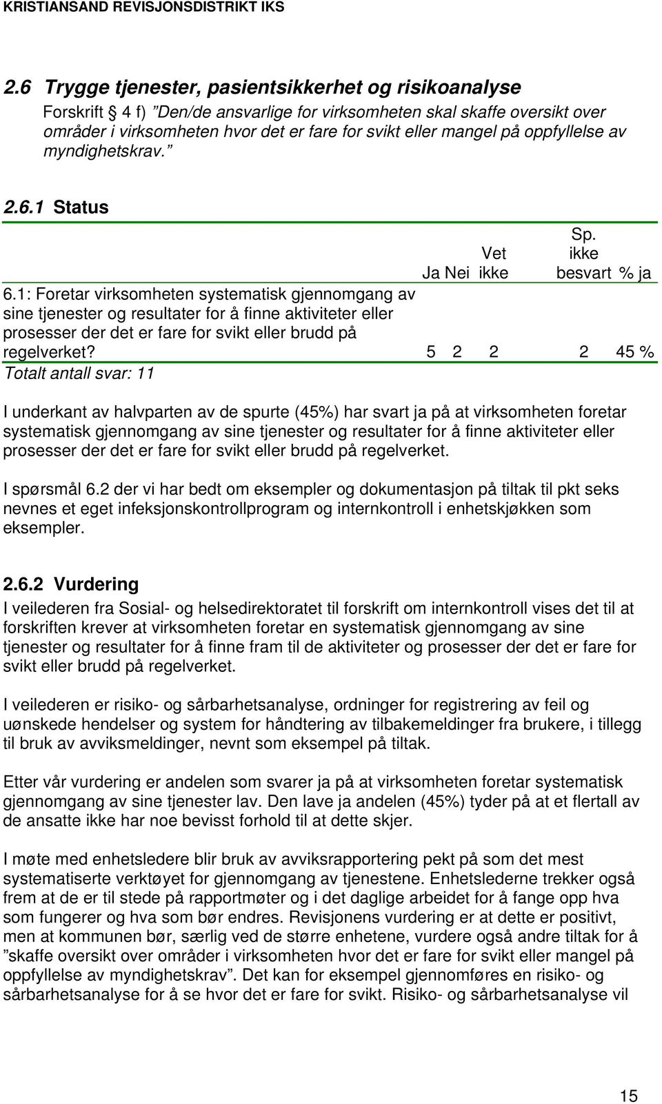 1: Foretar virksomheten systematisk gjennomgang av sine tjenester og resultater for å finne aktiviteter eller prosesser der det er fare for svikt eller brudd på regelverket?