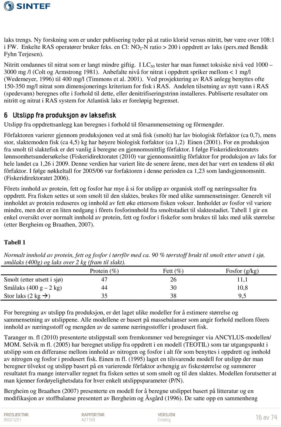I LC 50 tester har man funnet toksiske nivå ved 1000 3000 mg /l (Colt og Armstrong 1981). Anbefalte nivå for nitrat i oppdrett spriker mellom < 1 mg/l (Wedemeyer, 1996) til 400 mg/l (Timmons et al.