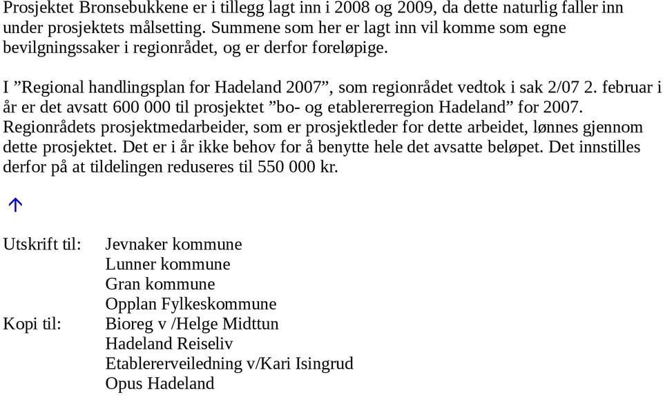 februar i år er det avsatt 600 000 til prosjektet bo- og etablererregion Hadeland for 2007. Regionrådets prosjektmedarbeider, som er prosjektleder for dette arbeidet, lønnes gjennom dette prosjektet.