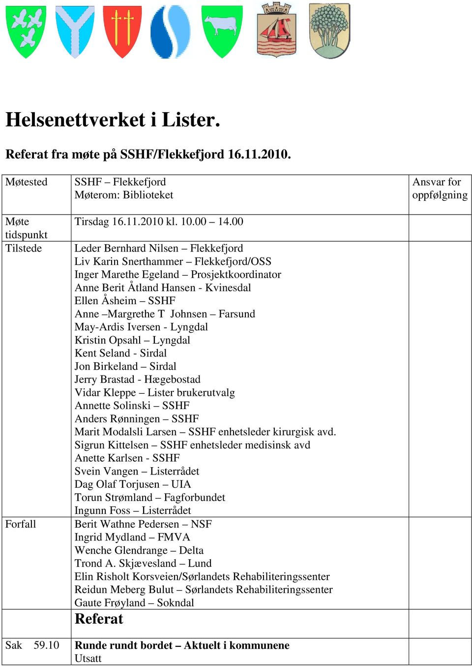 Farsund May-Ardis Iversen - Lyngdal Kristin Opsahl Lyngdal Kent Seland - Sirdal Jon Birkeland Sirdal Jerry Brastad - Hægebostad Vidar Kleppe Lister brukerutvalg Annette Solinski SSHF Anders Rønningen