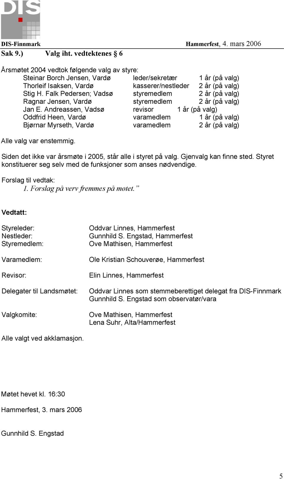 Andreassen, Vadsø revisor 1 år (på valg) Oddfrid Heen, Vardø varamedlem 1 år (på valg) Bjørnar Myrseth, Vardø varamedlem 2 år (på valg) Alle valg var enstemmig.