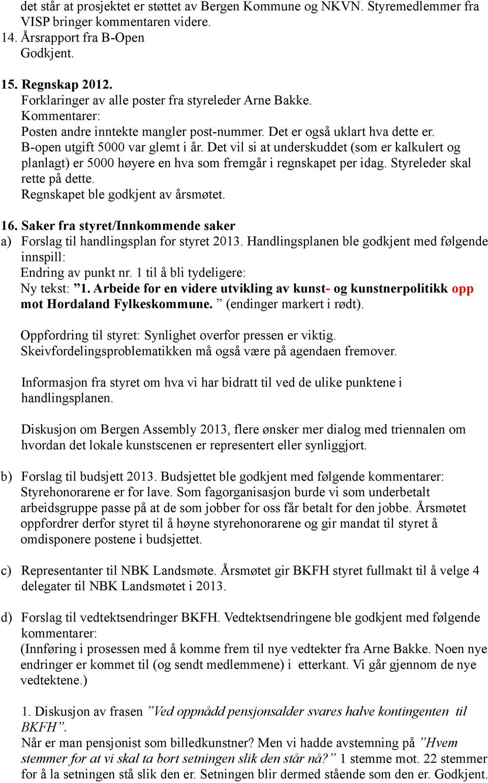 Det vil si at underskuddet (som er kalkulert og planlagt) er 5000 høyere en hva som fremgår i regnskapet per idag. Styreleder skal rette på dette. Regnskapet ble godkjent av årsmøtet. 16.