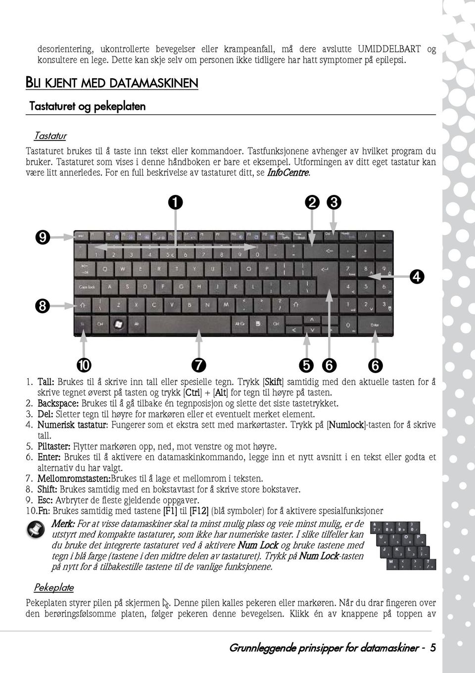 Tastaturet som vises i denne håndboken er bare et eksempel. Utformingen av ditt eget tastatur kan være litt annerledes. For en full beskrivelse av tastaturet ditt, se InfoCentre.