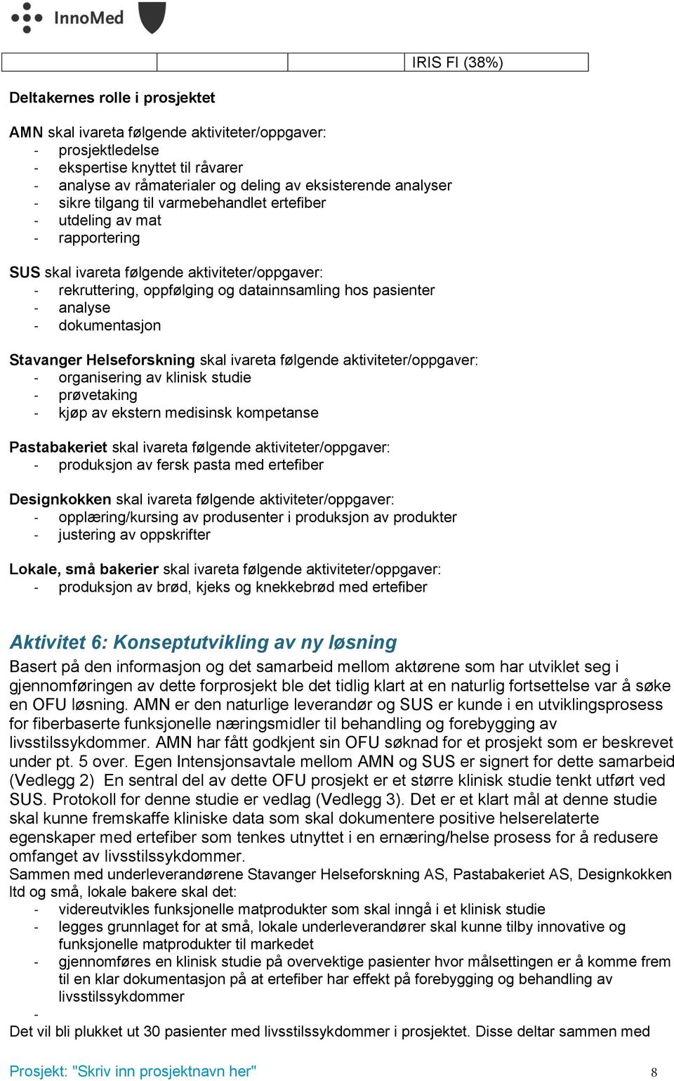 analyse - dokumentasjon Stavanger Helseforskning skal ivareta følgende aktiviteter/oppgaver: - organisering av klinisk studie - prøvetaking - kjøp av ekstern medisinsk kompetanse Pastabakeriet skal