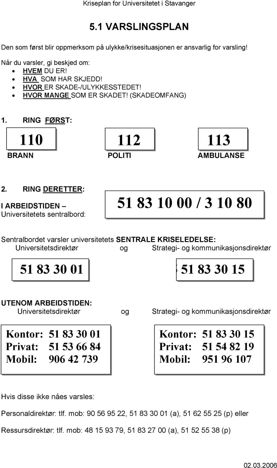 RING DERETTER: I ARBEIDSTIDEN Universitetets sentralbord: 51 83 10 00 / 3 10 80 Sentralbordet varsler universitetets SENTRALE KRISELEDELSE: Universitetsdirektør og Strategi- og kommunikasjonsdirektør