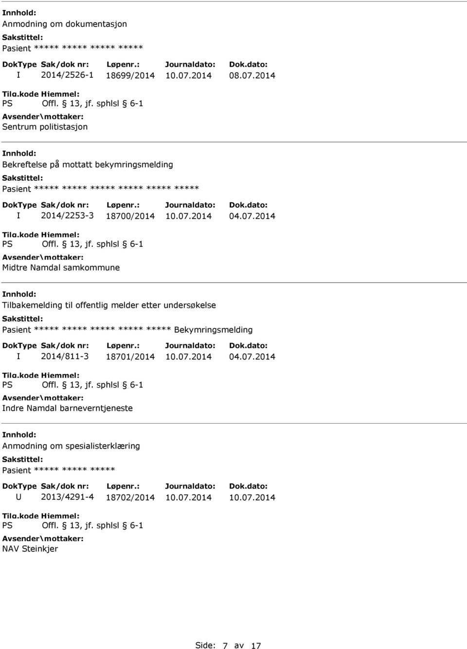 2014 Tilbakemelding til offentlig melder etter undersøkelse Pasient ***** ***** ***** ***** ***** Bekymringsmelding 2014/811-3