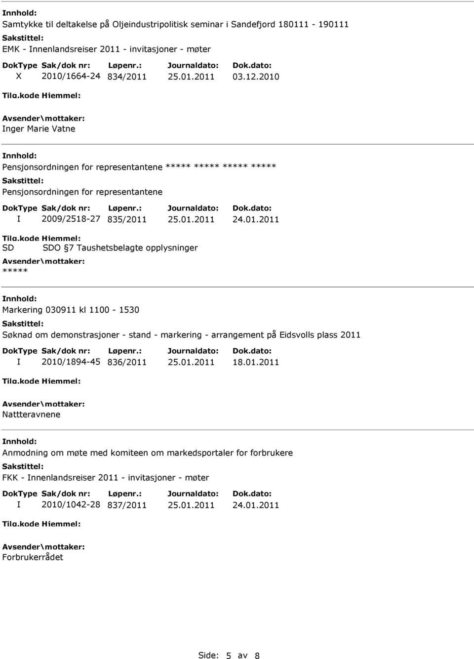 kode SD Hjemmel: SDO 7 Taushetsbelagte opplysninger ***** Markering 030911 kl 1100-1530 Søknad om demonstrasjoner - stand - markering - arrangement på Eidsvolls plass 2011