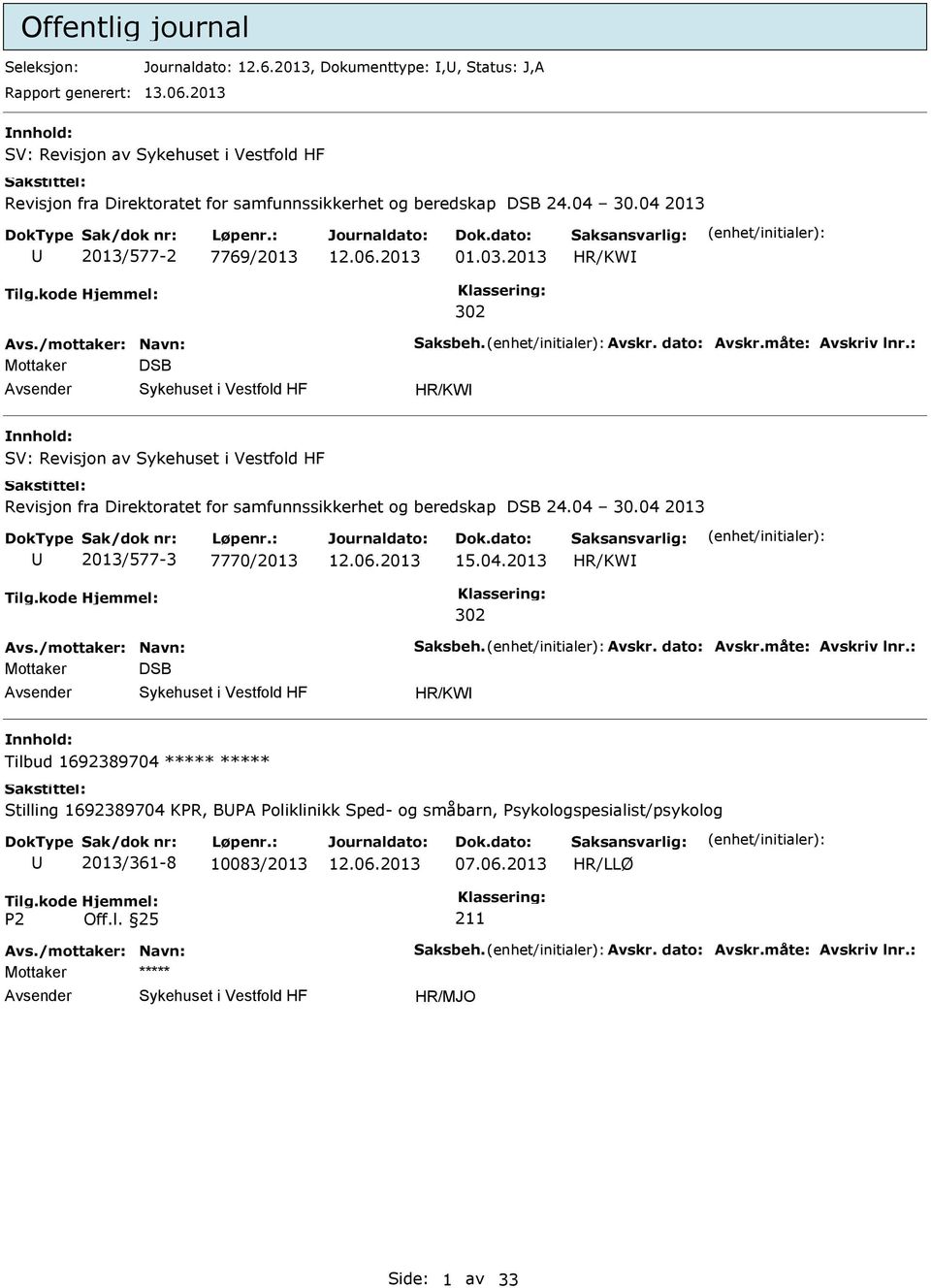 2013 HR/KW 302 Mottaker DSB HR/KW SV: Revisjon av Revisjon fra Direktoratet for samfunnssikkerhet og beredskap DSB 24.04 30.