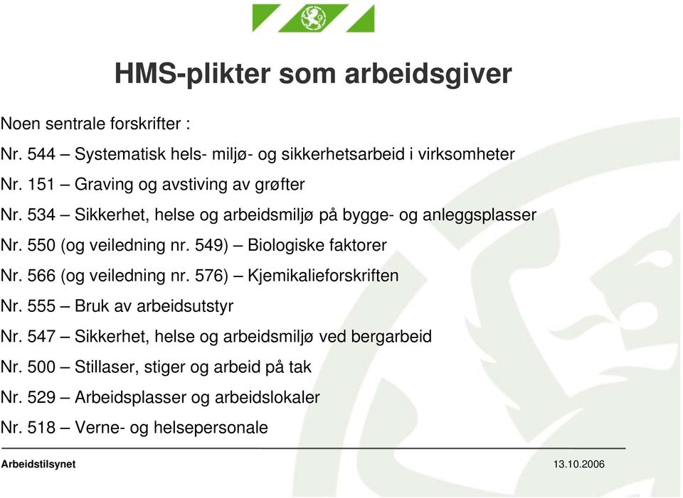 549) Biologiske faktorer Nr. 566 (og veiledning nr. 576) Kjemikalieforskriften Nr. 555 Bruk av arbeidsutstyr Nr.