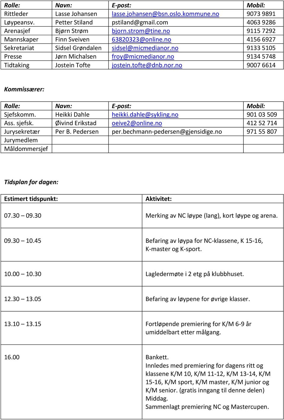 no 9134 5748 Tidtaking Jostein Tofte jostein.tofte@dnb.nor.no 9007 6614 Kommissærer: Rolle: Navn: E-post: Mobil: Sjefskomm. Heikki Dahle heikki.dahle@sykling.no 901 03 509 Ass. sjefsk.