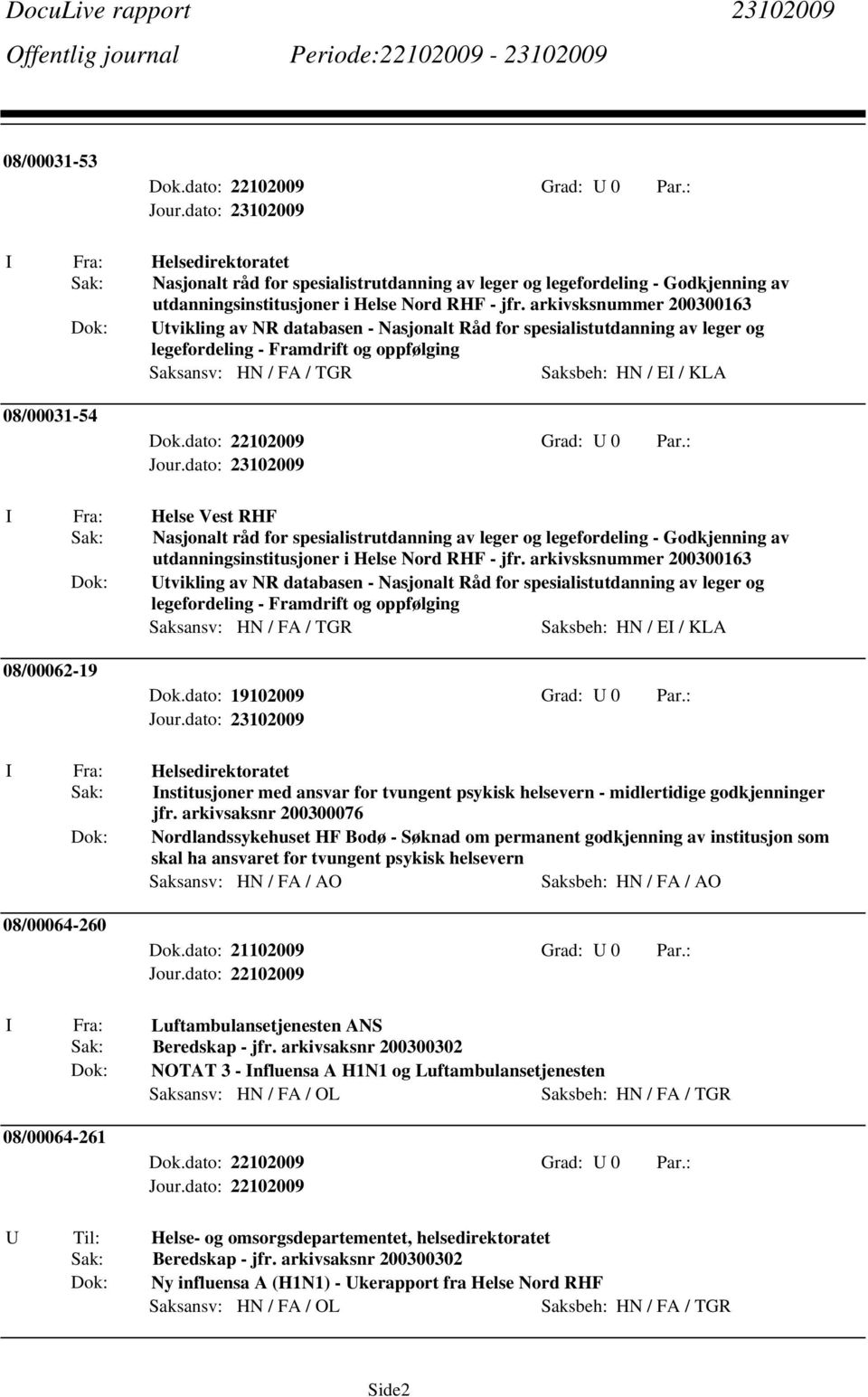 08/00031-54 I Fra: Helse Vest RHF Nasjonalt råd for spesialistrutdanning av leger og legefordeling - Godkjenning av utdanningsinstitusjoner i Helse Nord RHF - jfr.  08/00062-19 Dok.